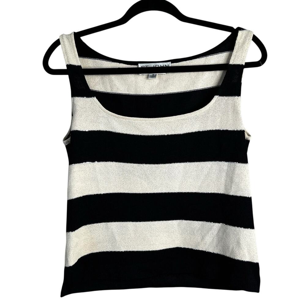 ST JOHN Evening Striped Santana Knit Tank Top Embellished Size Small Cream Black